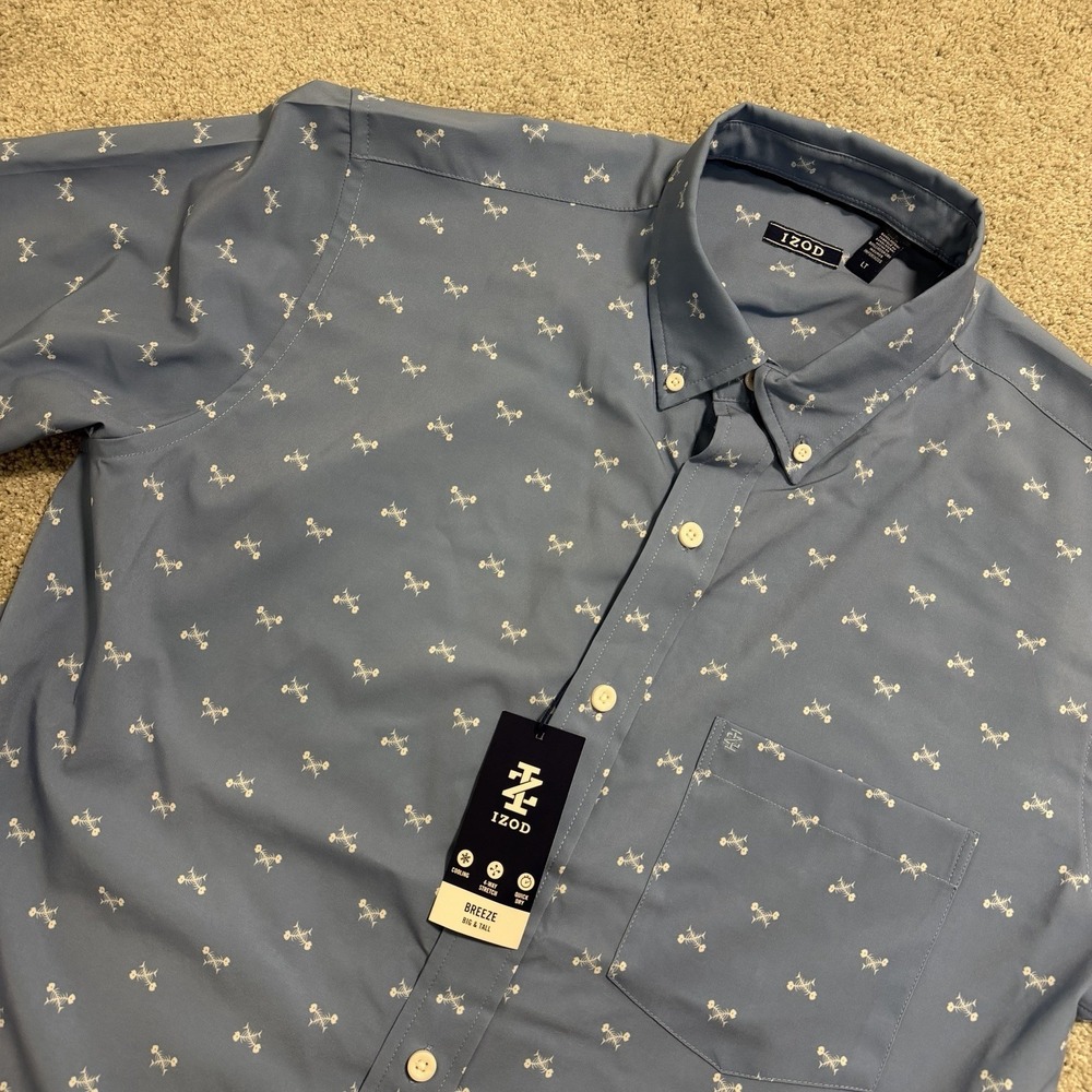 IZOD Breeze Shirt Mens‎ LT Riviera Blue Fishbone Print Performance Button NWT